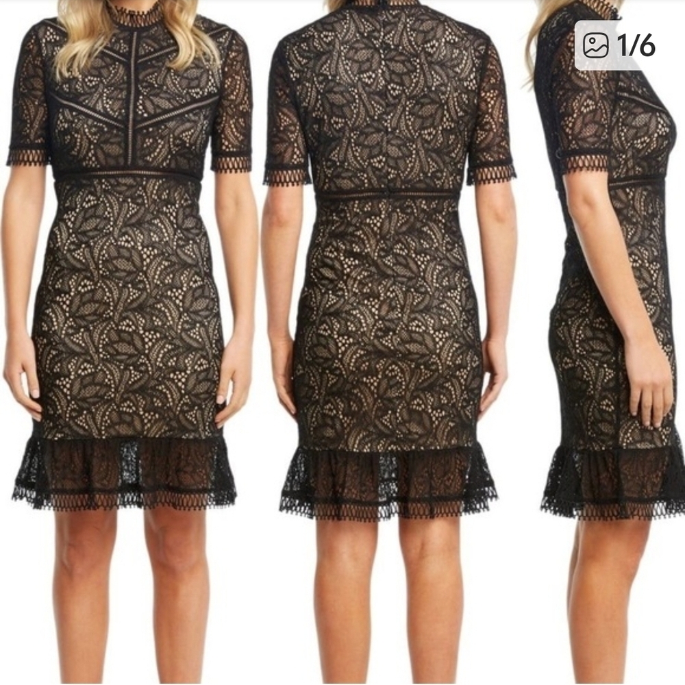 Bardot Black Lace Midi Dress with Nude Lining